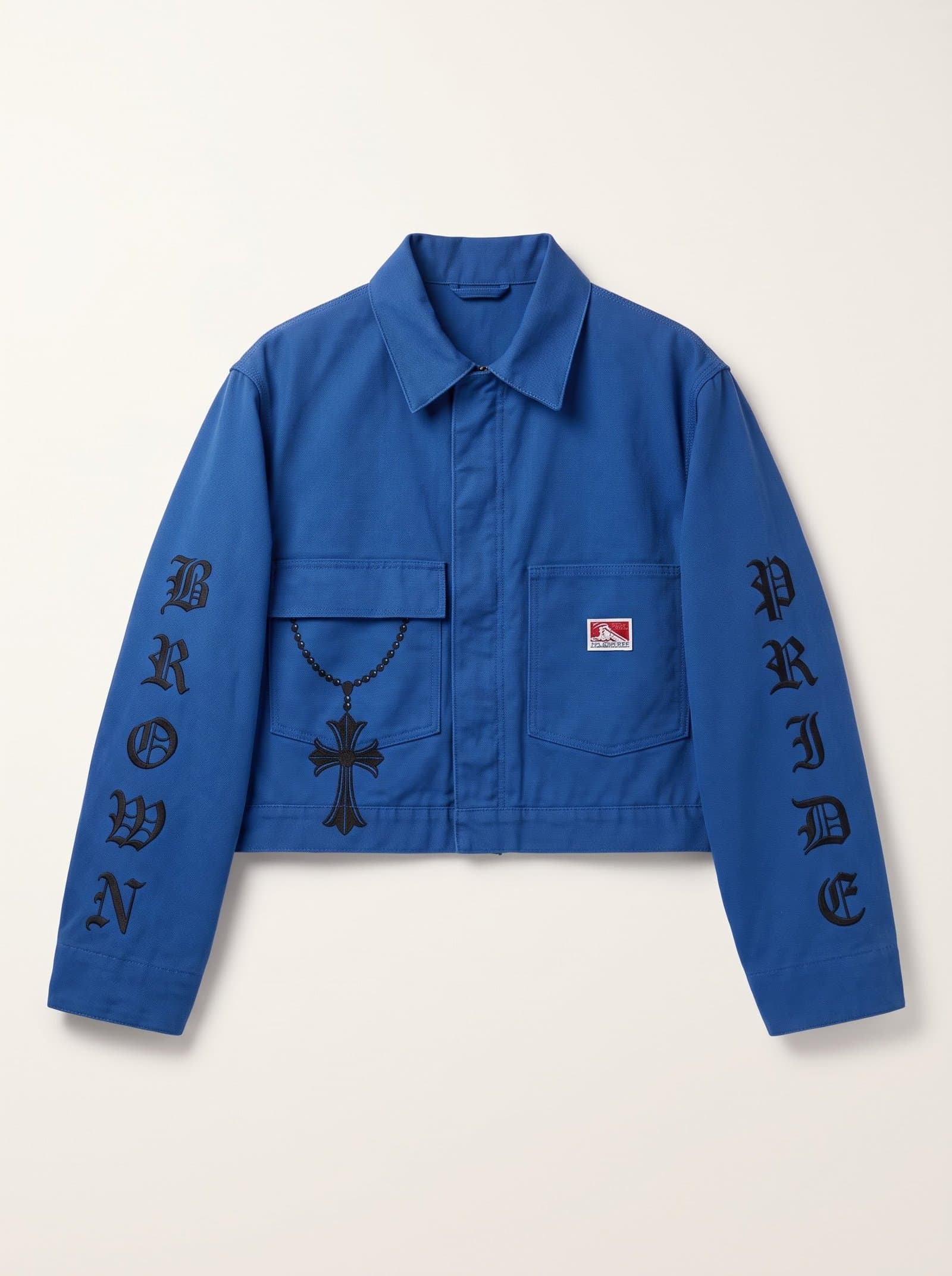 Front of the cobalt Brown Pride work jacket with embroidered sleeves and rosary
