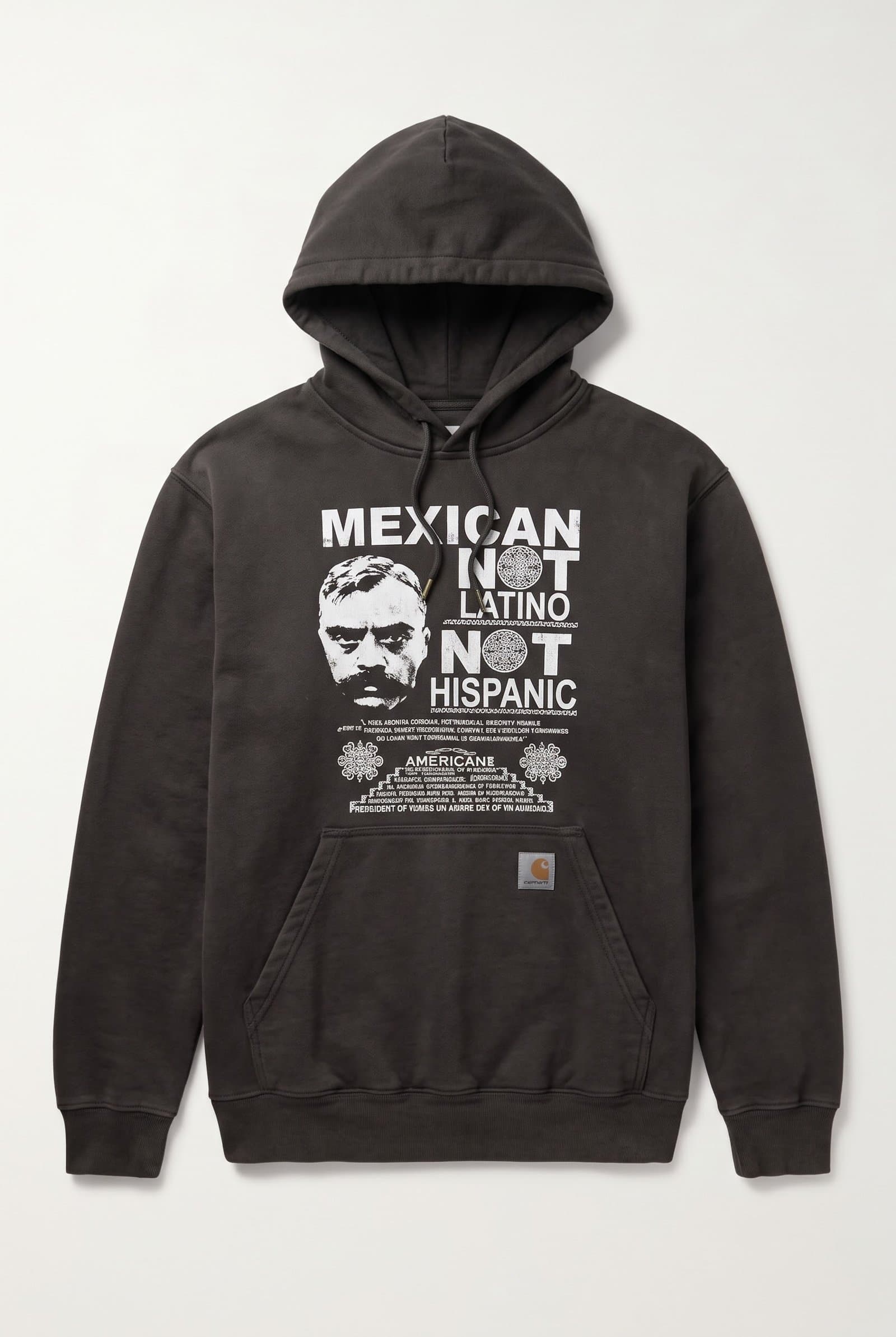 Front of the washed black hoodie with the Mexican Not Latino Not Hispanic print