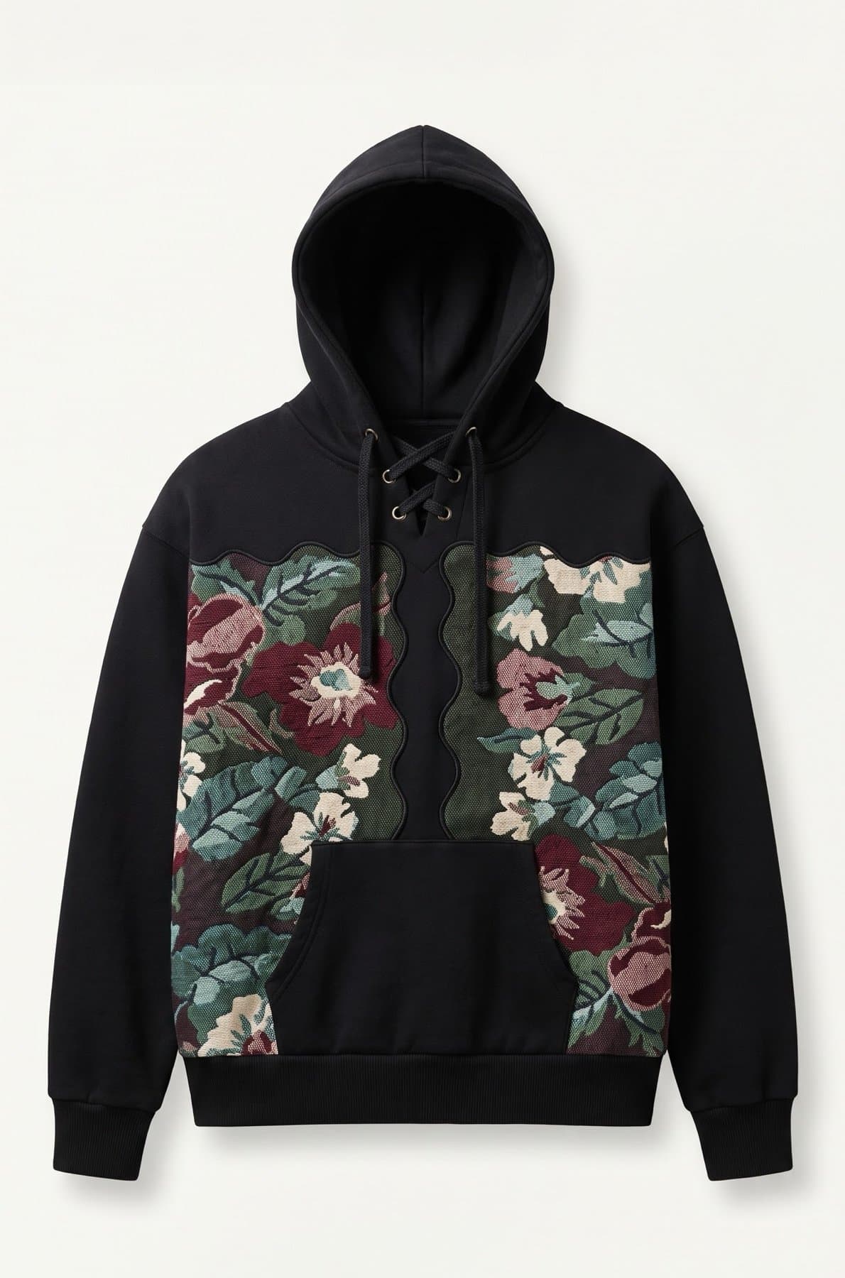 Front of the black lace-up hoodie with floral tapestry panels